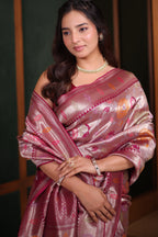 Magenta and Rose Gold Banarasi Tissue Silk Saree Woven With Intricate Floral Meenakari Zari Patterns