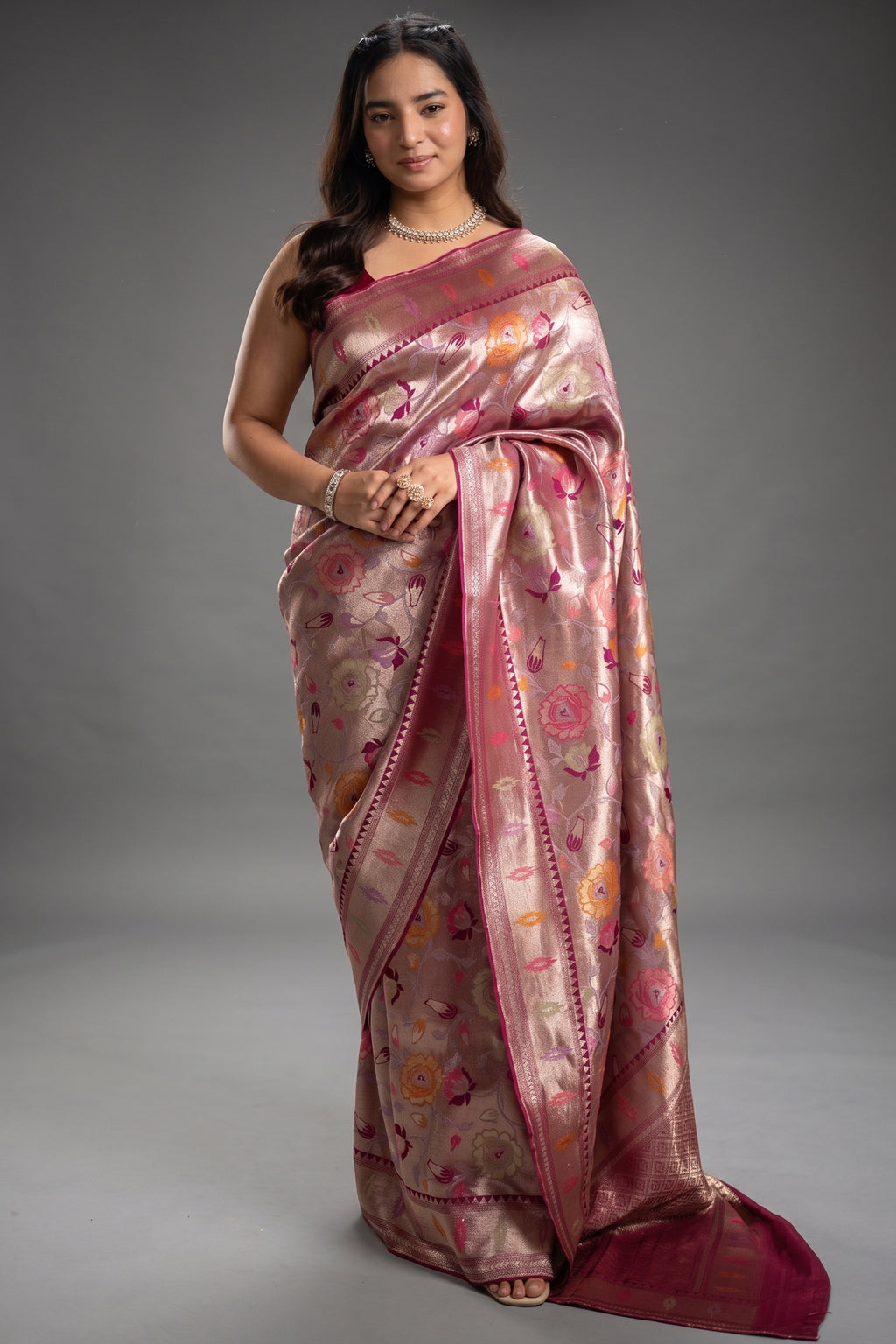 Magenta and Rose Gold Banarasi Tissue Silk Saree Woven With Intricate Floral Meenakari Zari Patterns