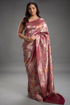 Magenta and Rose Gold Banarasi Tissue Silk Saree Woven With Intricate Floral Meenakari Zari Patterns