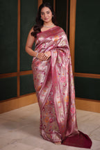 Magenta and Rose Gold Banarasi Tissue Silk Saree Woven With Intricate Floral Meenakari Zari Patterns