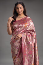 Magenta and Rose Gold Banarasi Tissue Silk Saree Woven With Intricate Floral Meenakari Zari Patterns