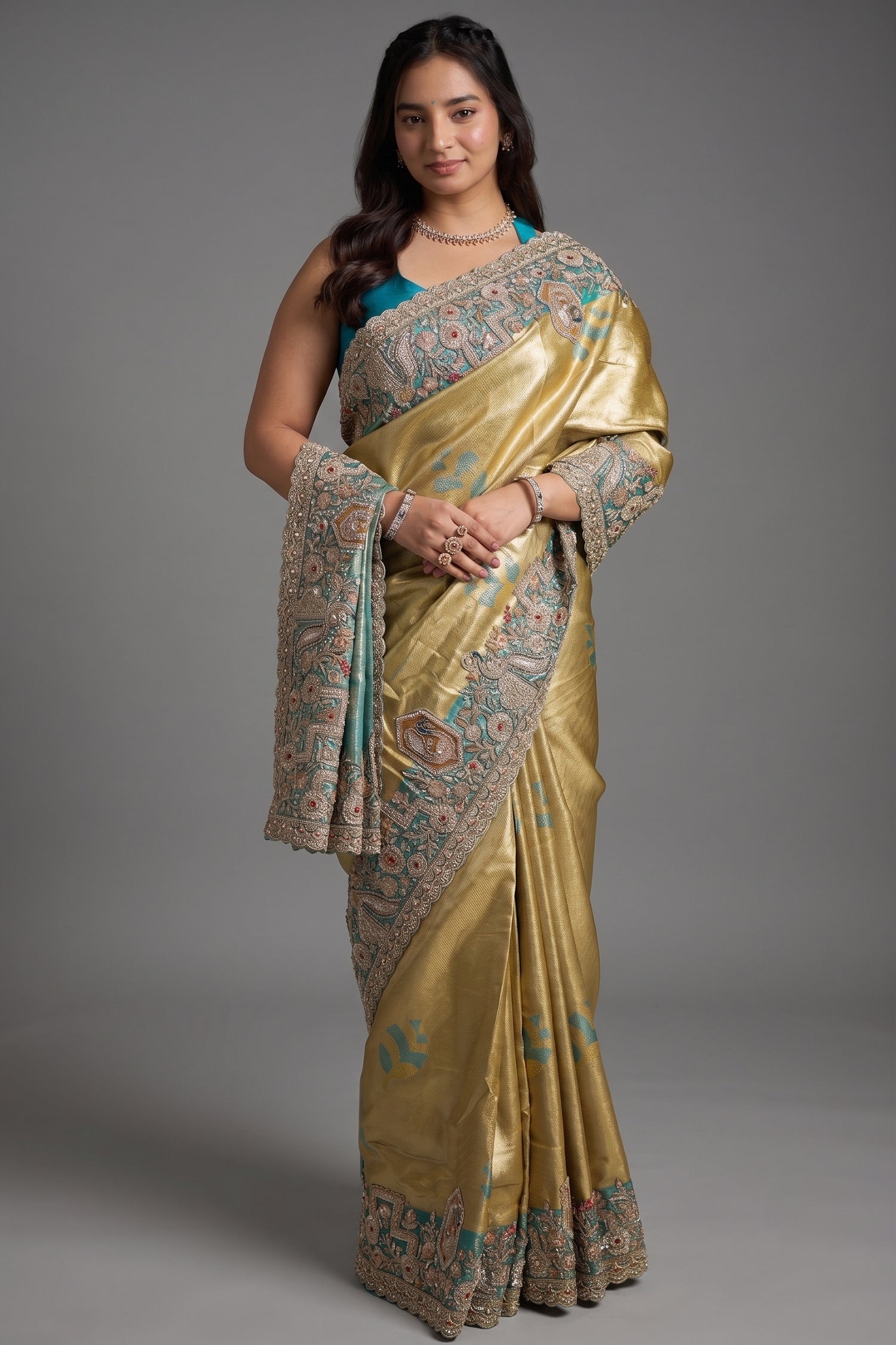 Metallic Olive Gold Tissue Weaving Saree with Contrast Sea Green Border Featuring Heavy Cutdana Bead and Embroidery Main image