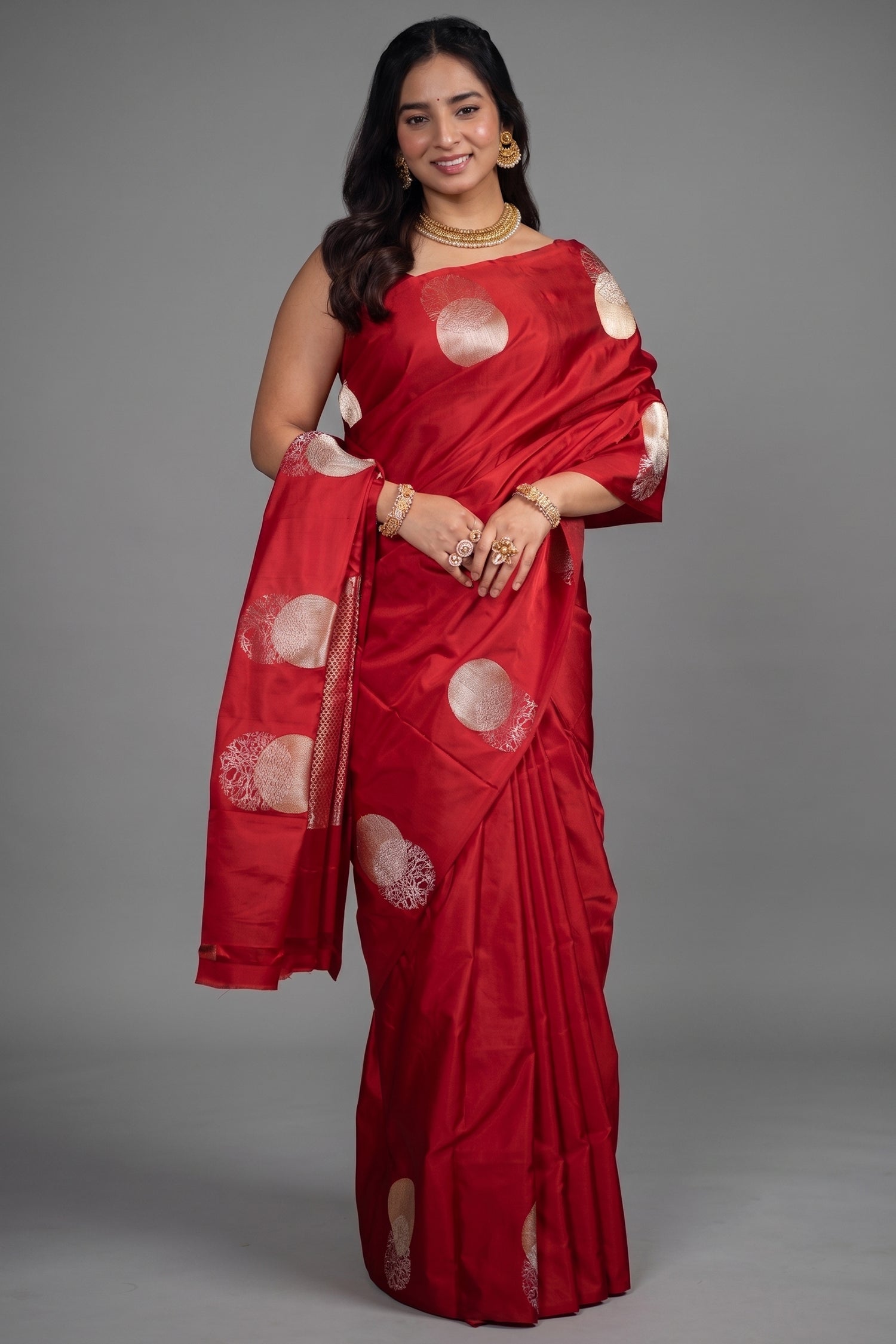 Scarlet Red Raw Mango Silk Weaving Saree Featuring Large Contemporary Zari Butas Main image