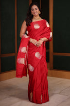 Scarlet Red Raw Mango Silk Weaving Saree Featuring Large Contemporary Zari Butas