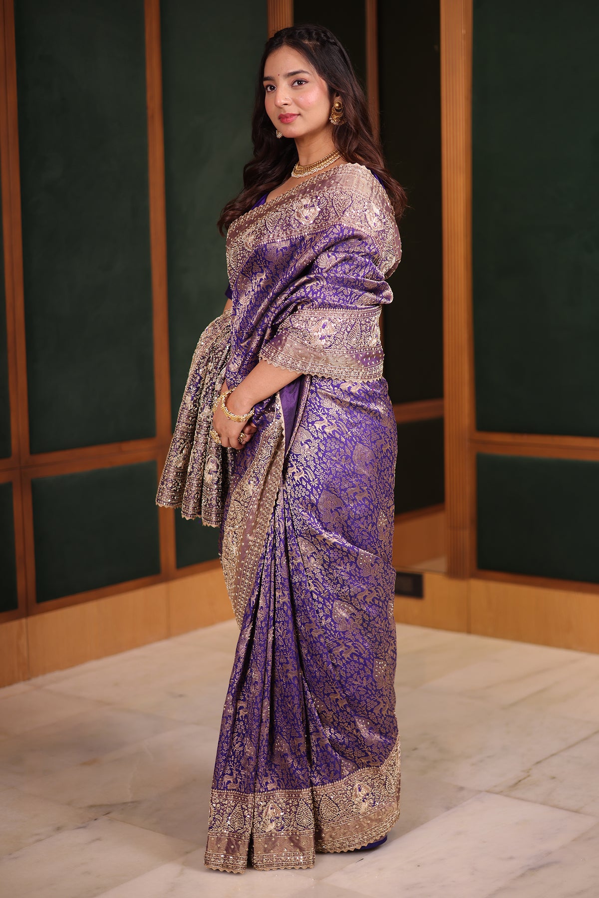 Royal Purple Kanchipuram Tissue Silk Saree Enriched with Heavy Zari Jal Weaving Sequins and Zardosi Work