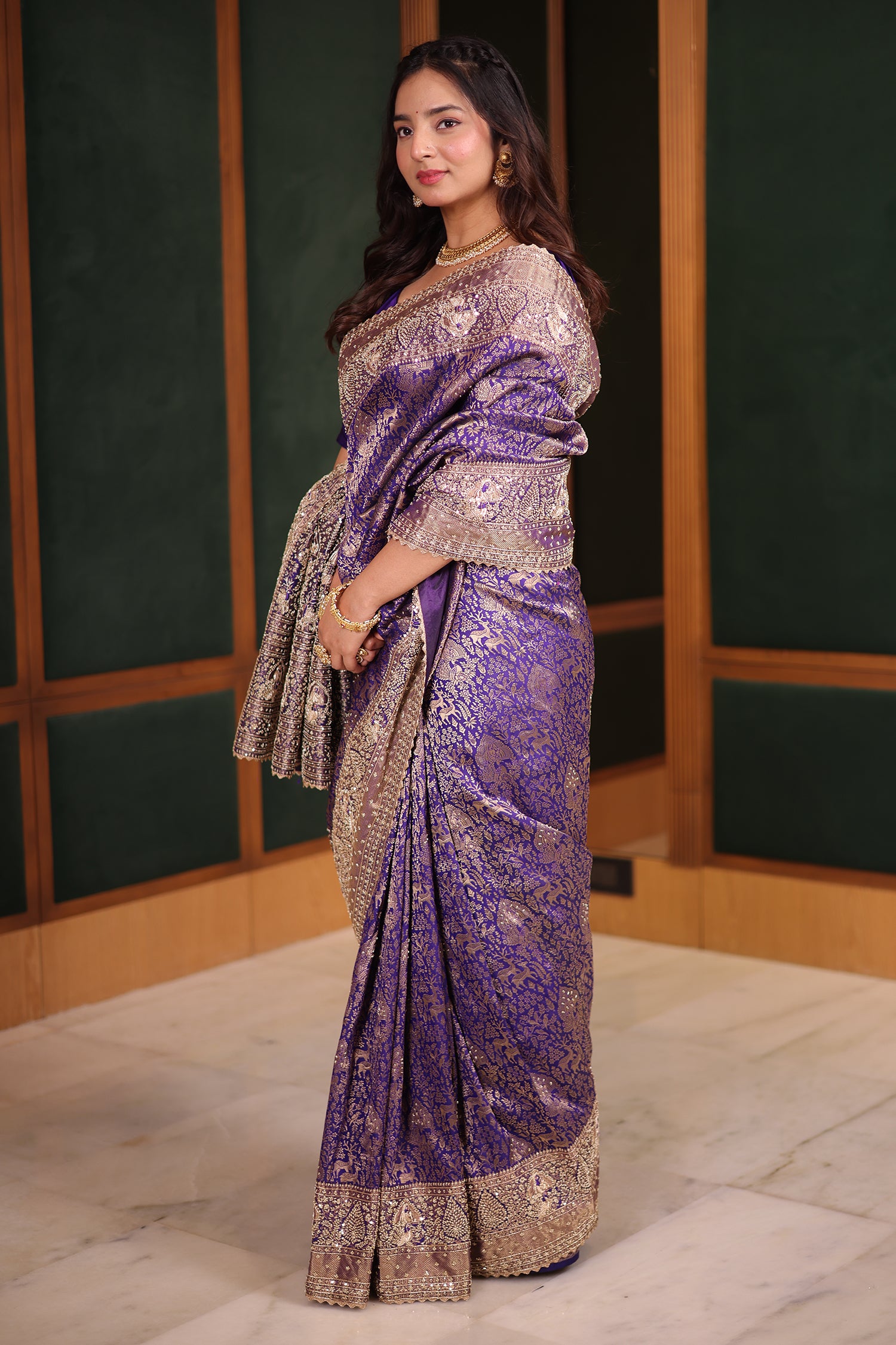 Royal Purple Kanchipuram Tissue Silk Saree Enriched with Heavy Zari Jal Weaving Sequins and Zardosi Work