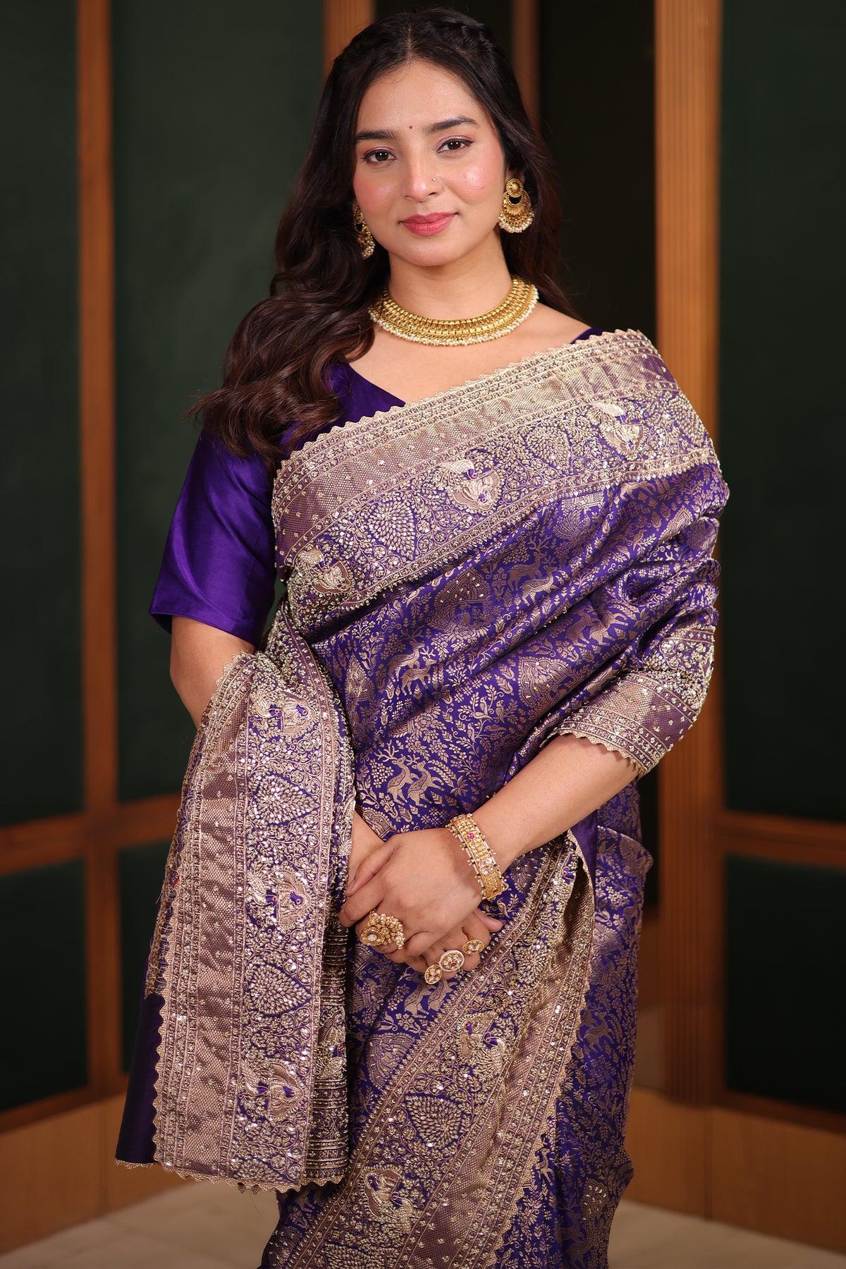 Royal Purple Kanchipuram Tissue Silk Saree Enriched with Heavy Zari Jal Weaving Sequins and Zardosi Work