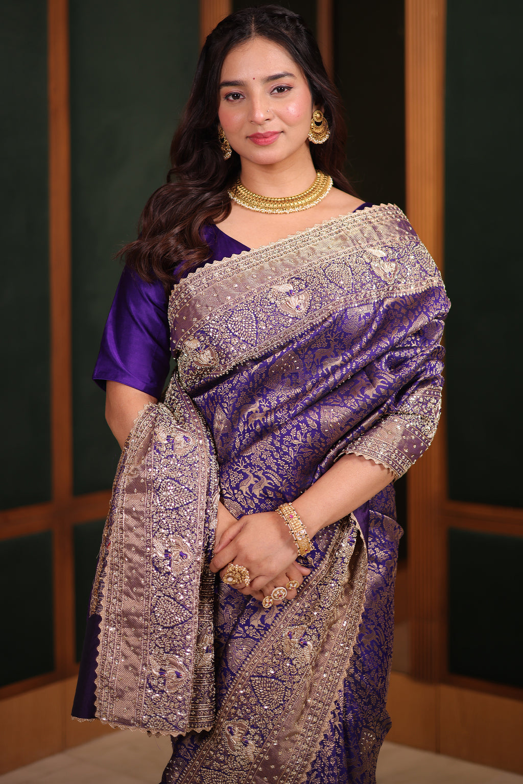 Royal Purple Kanchipuram Tissue Silk Saree Enriched with Heavy Zari Jal Weaving Sequins and Zardosi Work