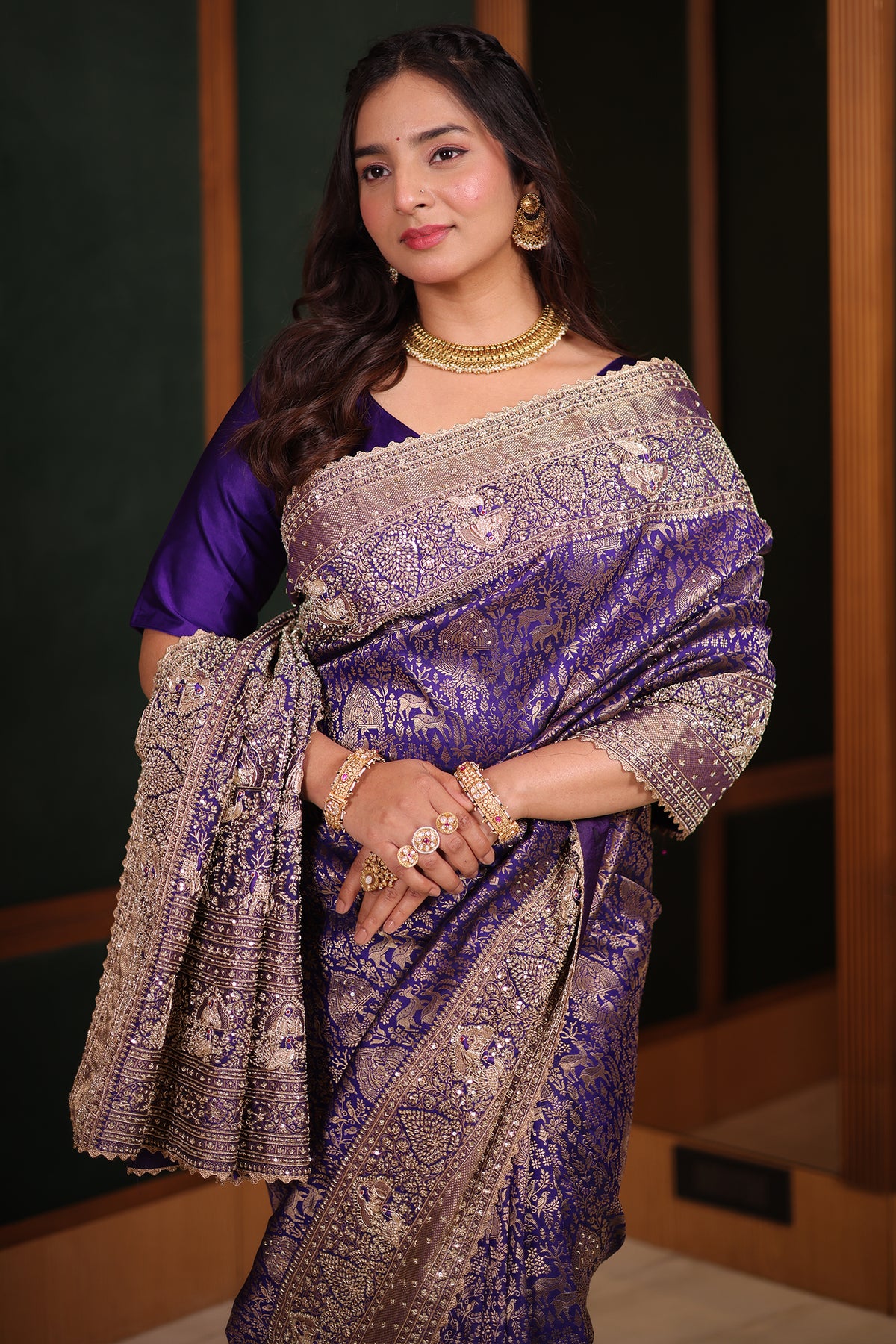 Royal Purple Kanchipuram Tissue Silk Saree Enriched with Heavy Zari Jal Weaving Sequins and Zardosi Work