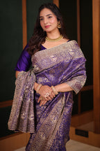 Royal Purple Kanchipuram Tissue Silk Saree Enriched with Heavy Zari Jal Weaving Sequins and Zardosi Work