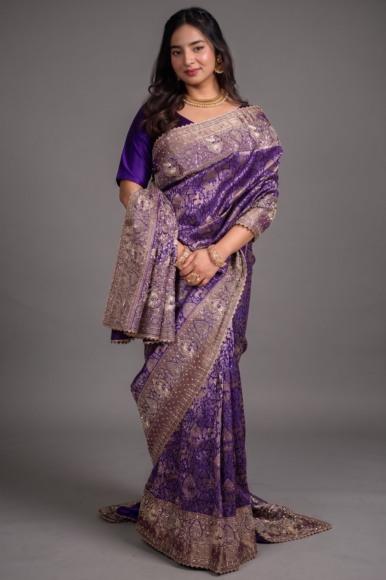 Royal Purple Kanchipuram Tissue Silk Saree Enriched with Heavy Zari Jal Weaving Sequins and Zardosi Work Main image