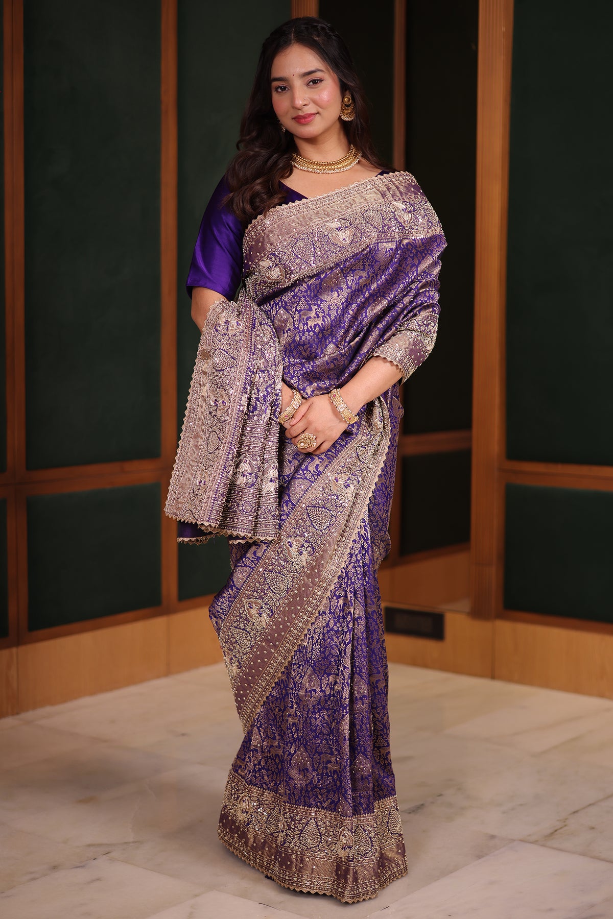 Royal Purple Kanchipuram Tissue Silk Saree Enriched with Heavy Zari Jal Weaving Sequins and Zardosi Work