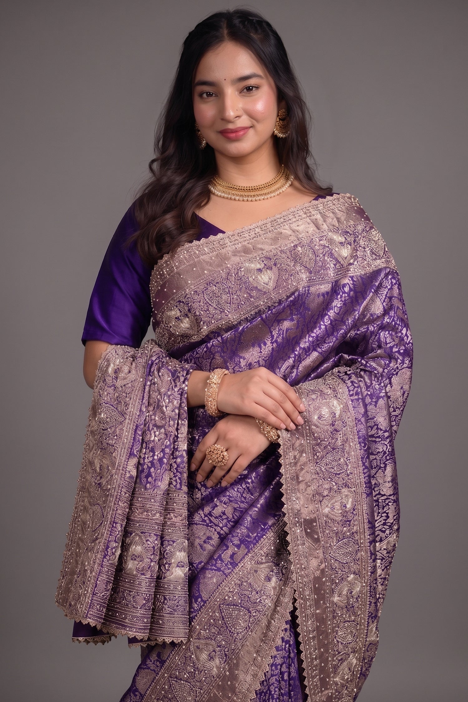 Royal Purple Kanchipuram Tissue Silk Saree Enriched with Heavy Zari Jal Weaving Sequins and Zardosi Work Secondary image