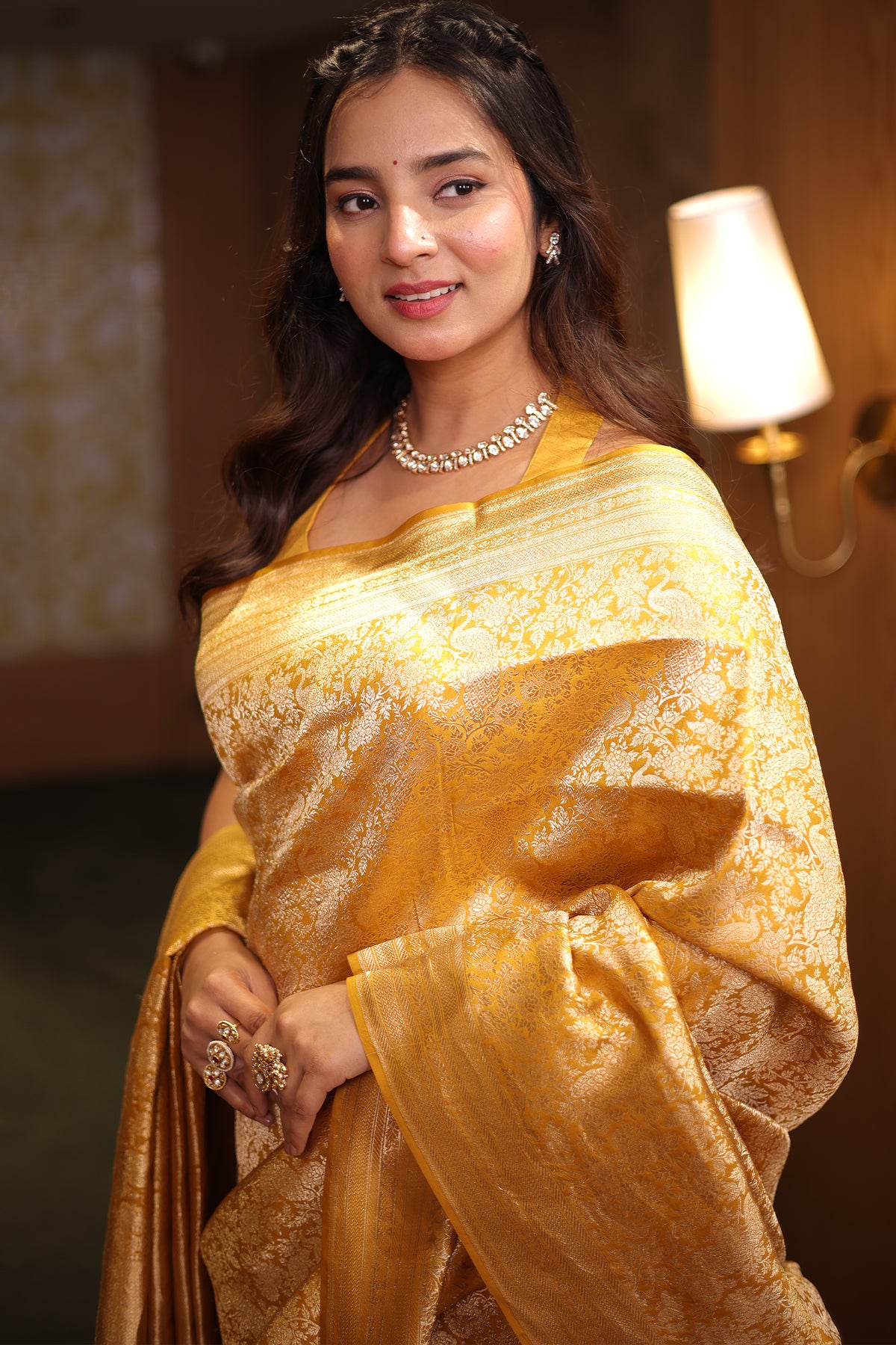 Golden Mustard Banarasi Tissue Silk Weaving Saree in Heavy All-Over Zari Brocade Jal