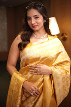 Golden Mustard Banarasi Tissue Silk Weaving Saree in Heavy All-Over Zari Brocade Jal