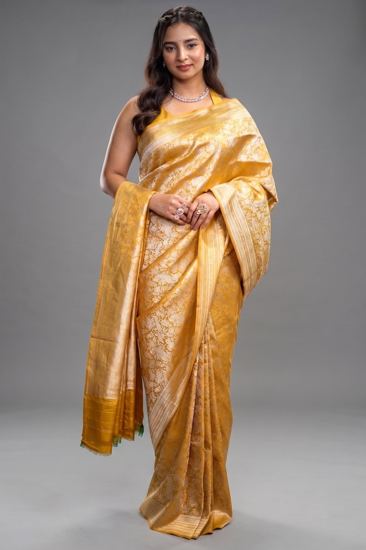 Golden Mustard Banarasi Tissue Silk Weaving Saree in Heavy All-Over Zari Brocade Jal Main image