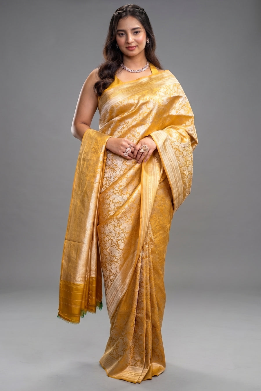 Golden Mustard Banarasi Tissue Silk Weaving Saree in Heavy All-Over Zari Brocade Jal