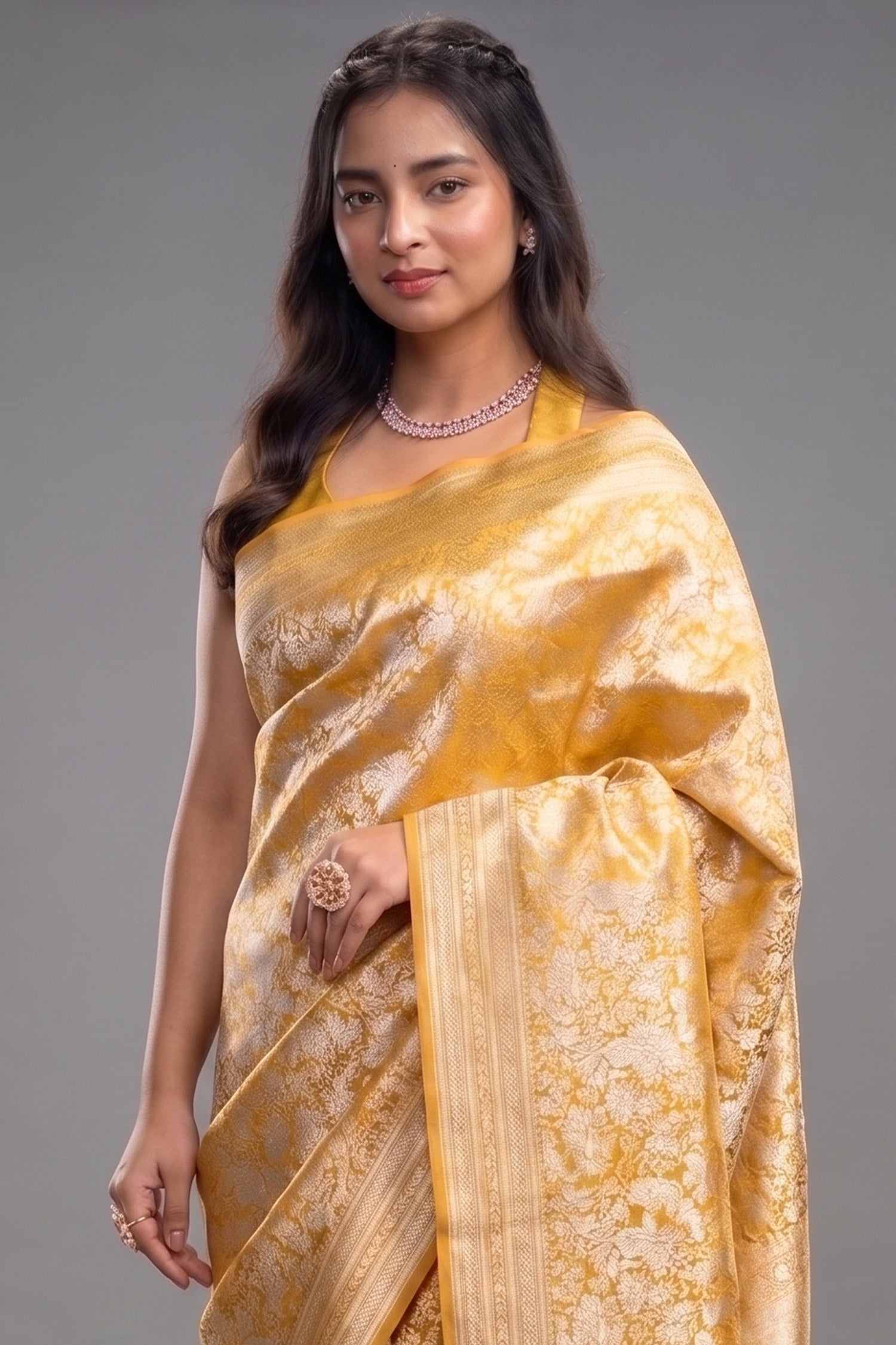 Golden Mustard Banarasi Tissue Silk Weaving Saree in Heavy All-Over Zari Brocade Jal Secondary image