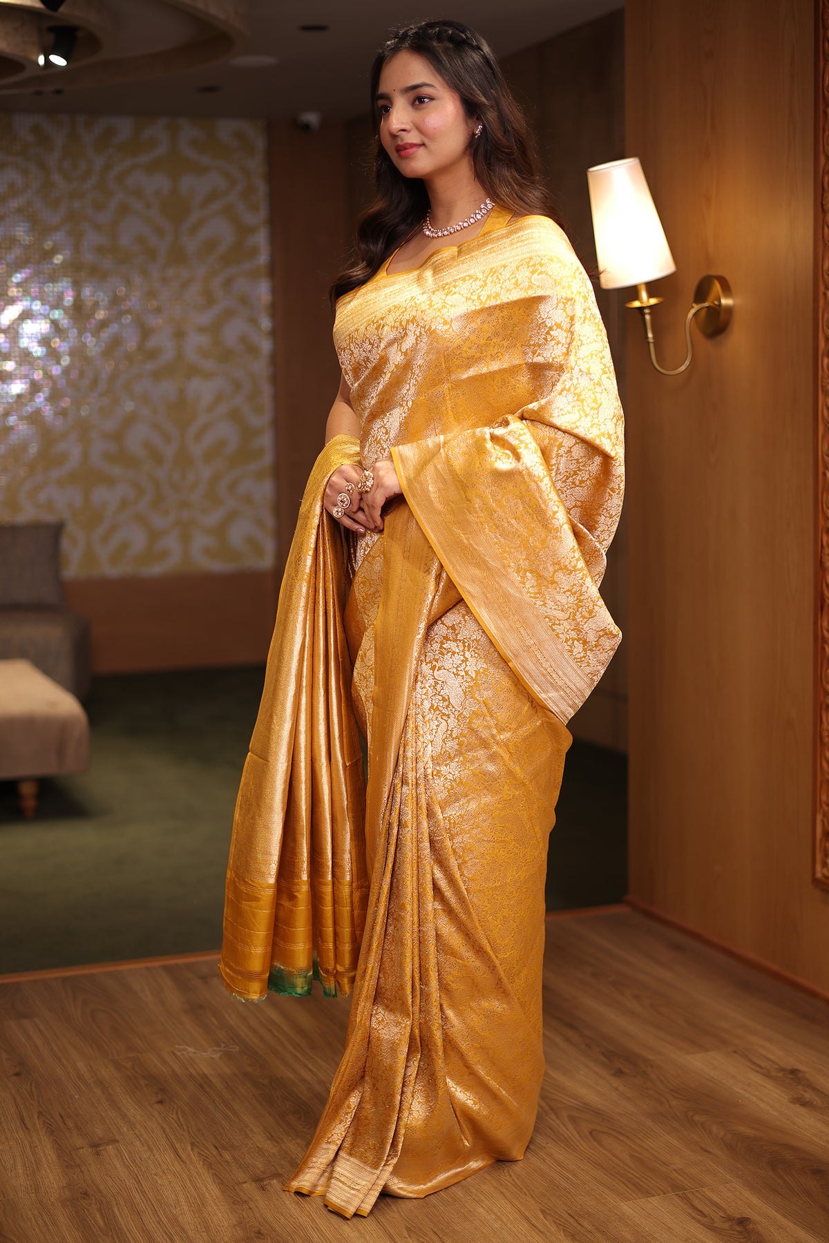 Golden Mustard Banarasi Tissue Silk Weaving Saree in Heavy All-Over Zari Brocade Jal