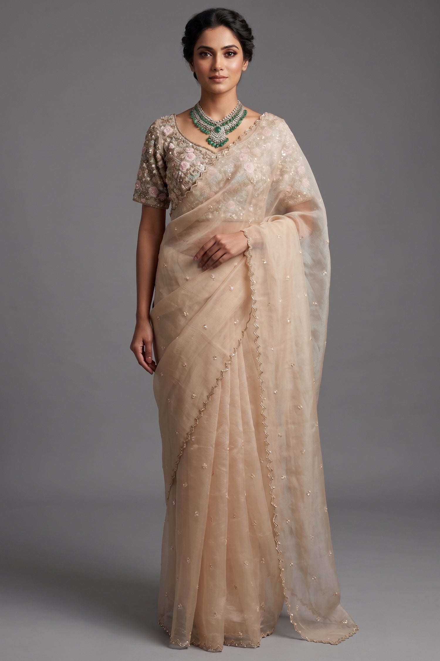 Metallic Silver Organza Saree Featuring Handcrafted Sequins and Beads Work with Readymade Blouse Main image