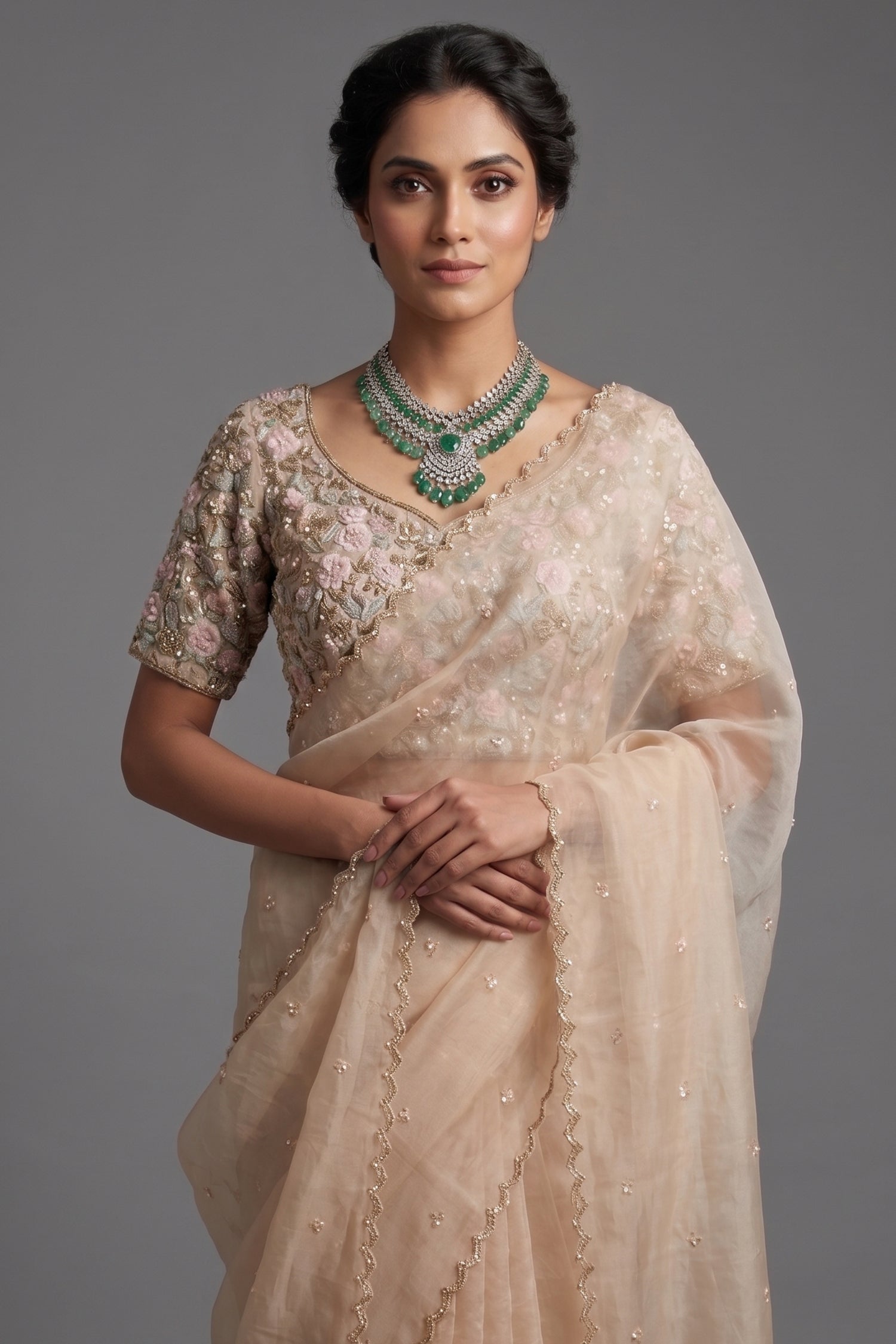 Metallic Silver Organza Saree Featuring Handcrafted Sequins and Beads Work with Readymade Blouse Secondary image