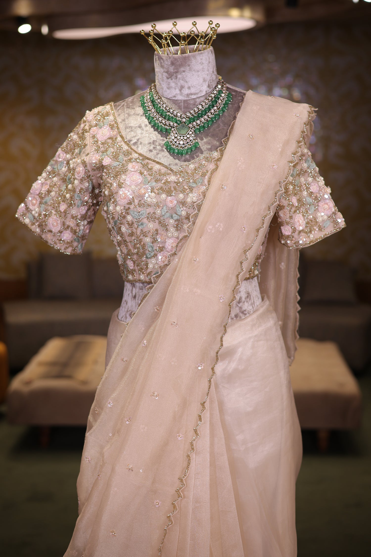 Metallic Silver Organza Saree Featuring Handcrafted Sequins and Beads Work with Readymade Blouse Secondary image