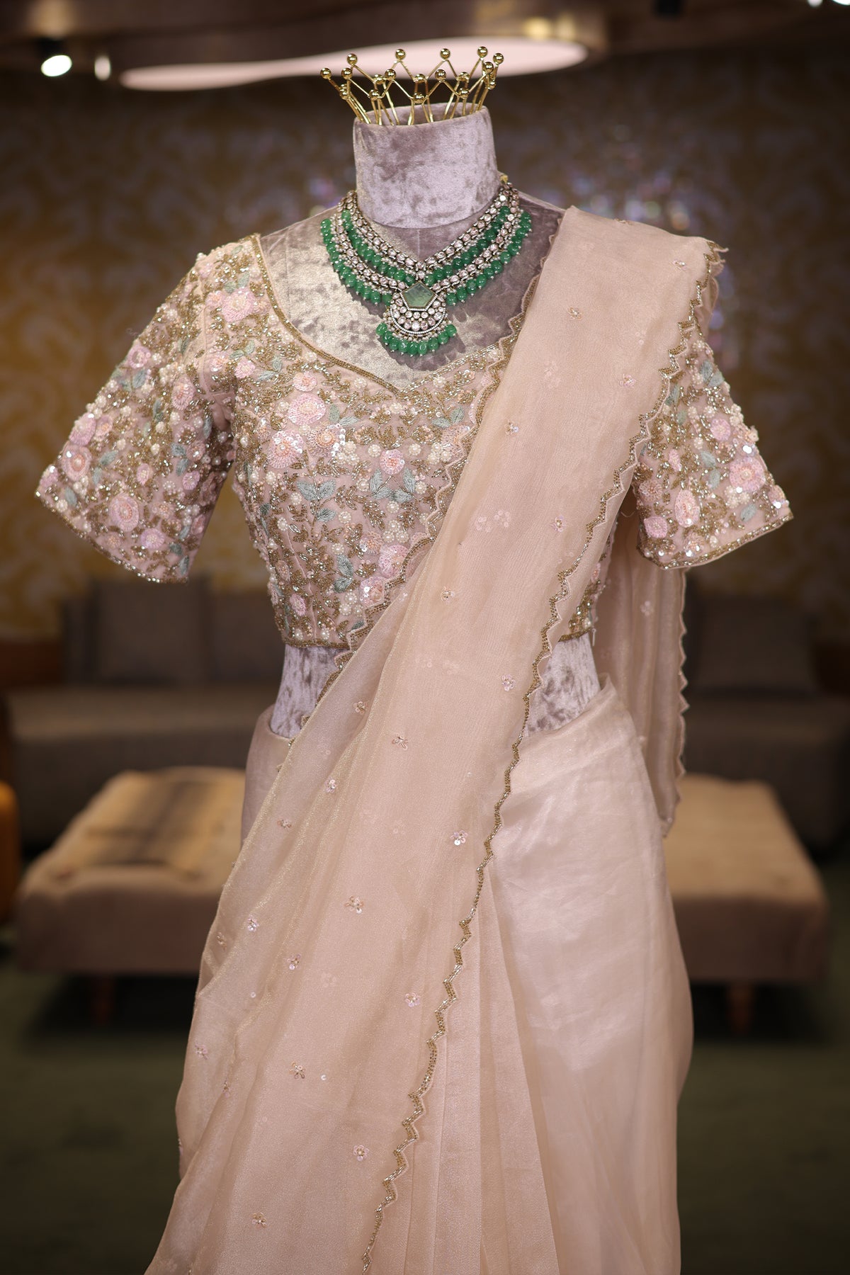 Metallic Silver Organza Saree Featuring Handcrafted Sequins and Beads Work with Readymade Blouse