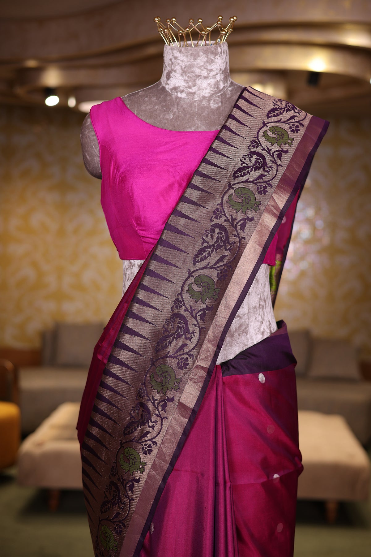 Rani Magenta Handloom Silk Weaving Saree with Indigo Contrast Border and Traditional Temple Motifs