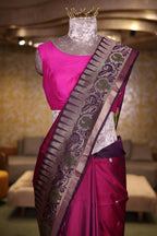 Rani Magenta Handloom Silk Weaving Saree with Indigo Contrast Border and Traditional Temple Motifs