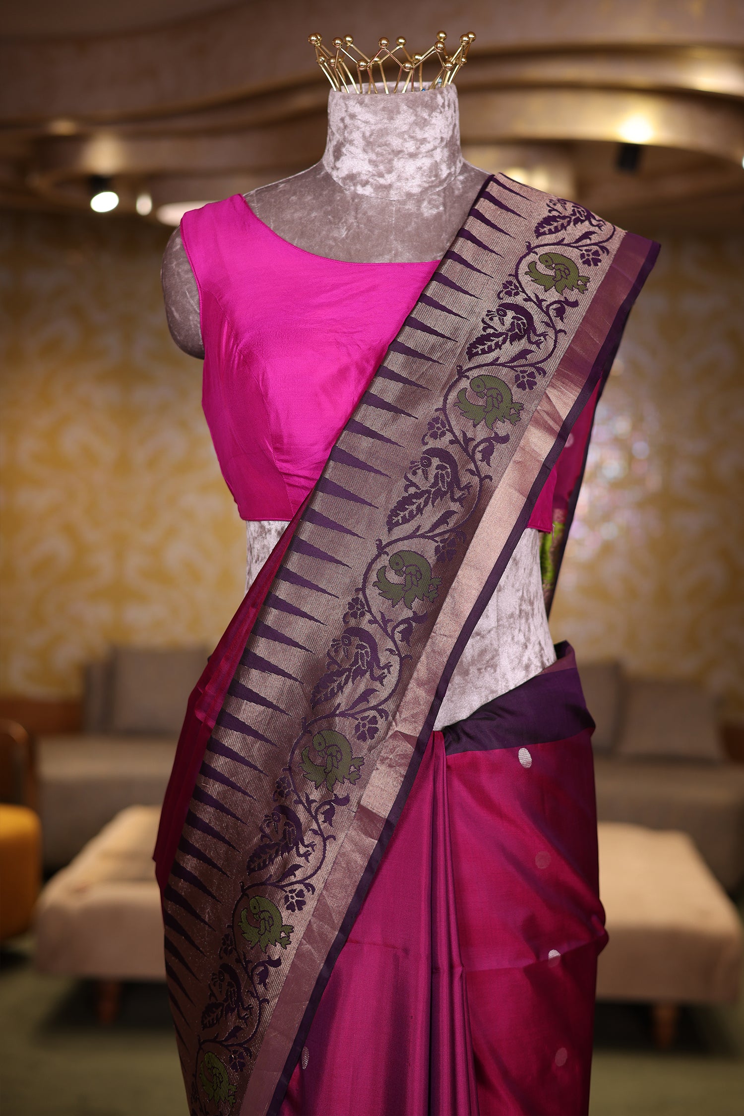 Rani Magenta Handloom Silk Weaving Saree with Indigo Contrast Border and Traditional Temple Motifs
