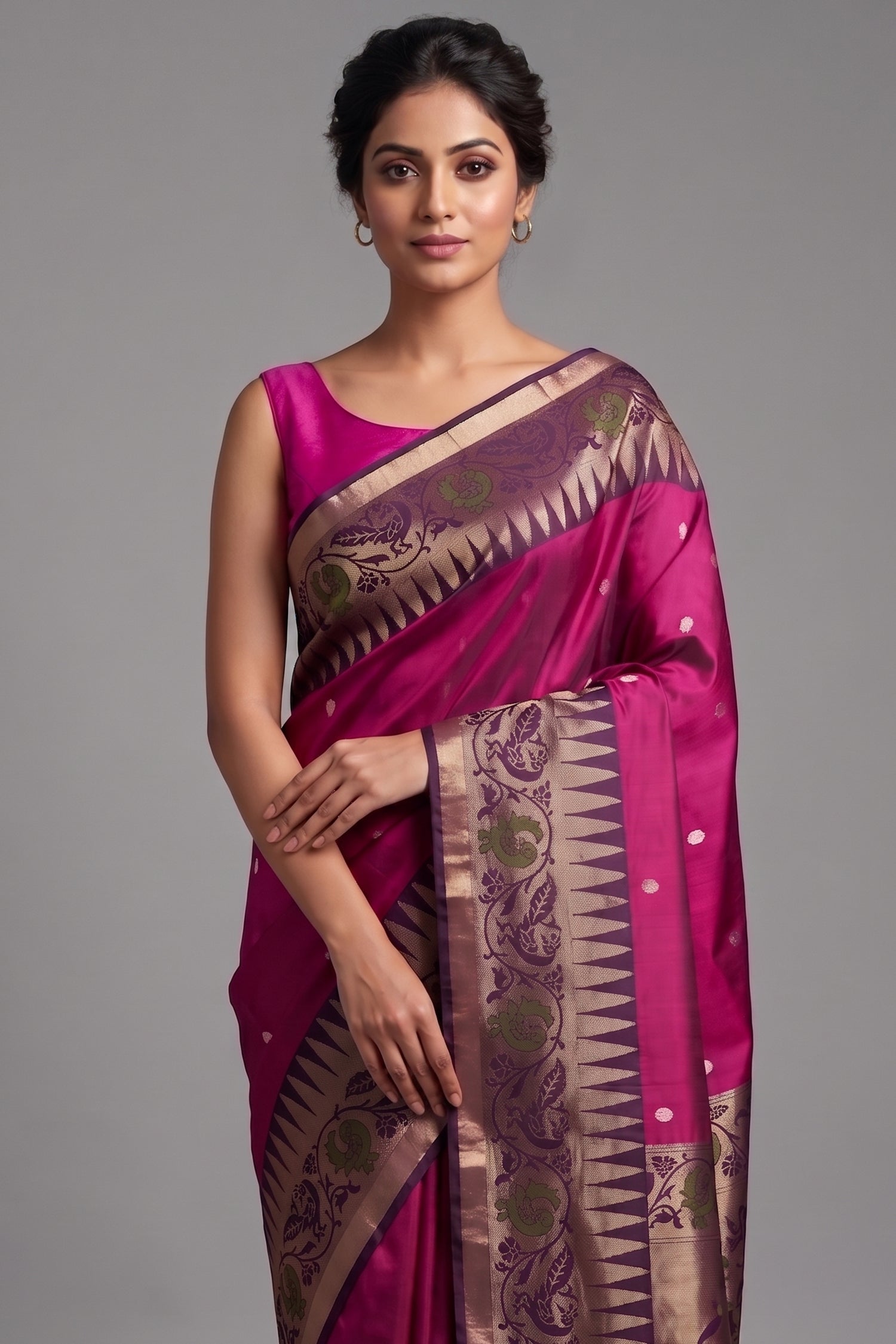 Rani Magenta Handloom Silk Weaving Saree with Indigo Contrast Border and Traditional Temple Motifs Secondary image