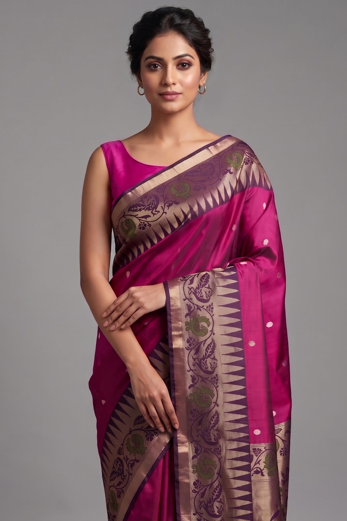 Rani Magenta Handloom Silk Weaving Saree with Indigo Contrast Border and Traditional Temple Motifs