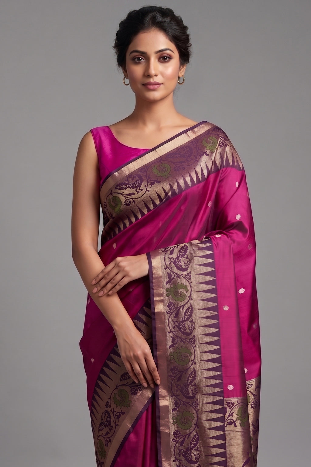 Rani Magenta Handloom Silk Weaving Saree with Indigo Contrast Border and Traditional Temple Motifs