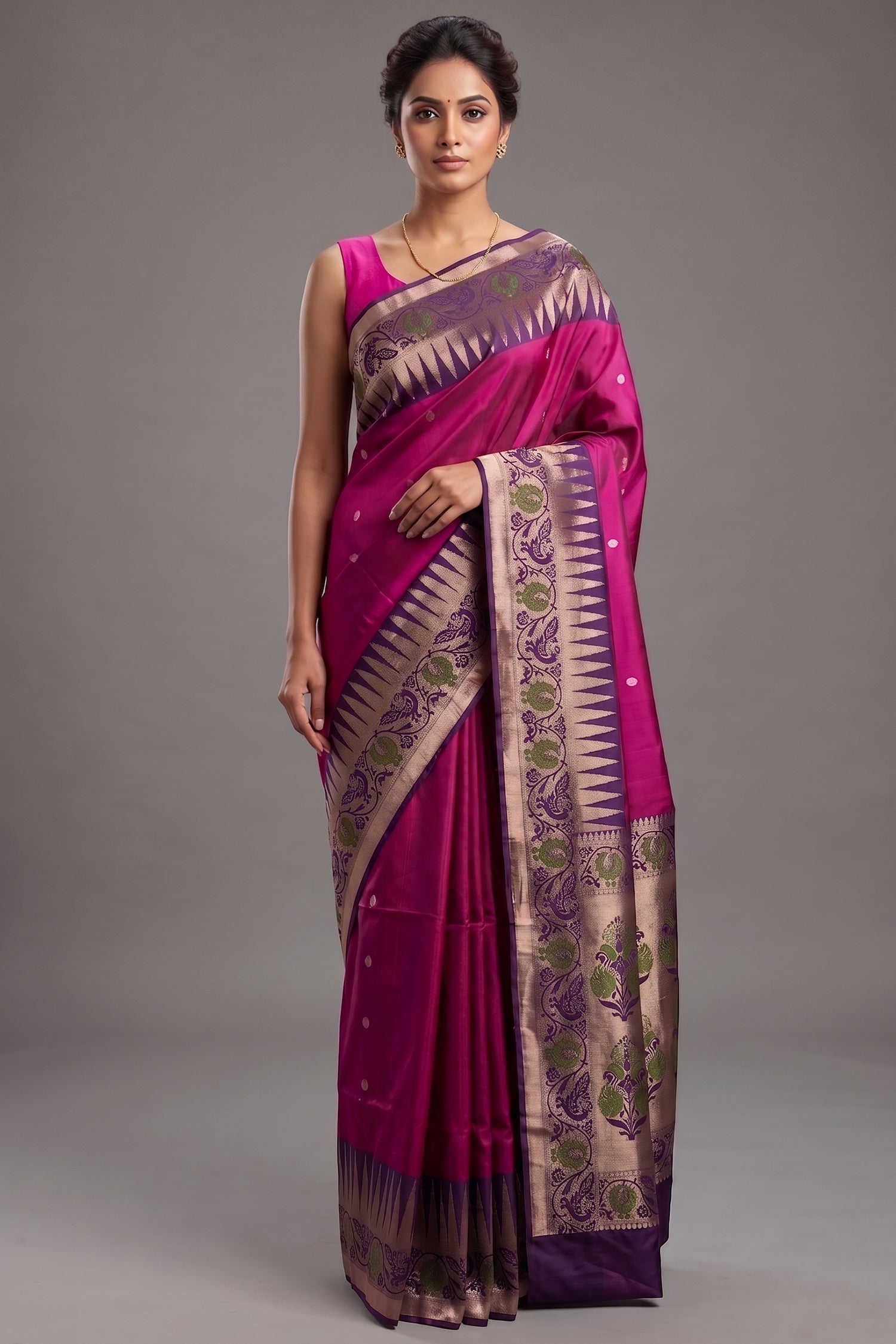 Rani Magenta Handloom Silk Weaving Saree with Indigo Contrast Border and Traditional Temple Motifs Main image