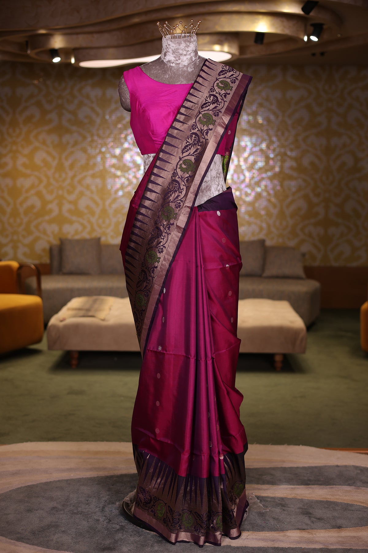 Rani Magenta Handloom Silk Weaving Saree with Indigo Contrast Border and Traditional Temple Motifs