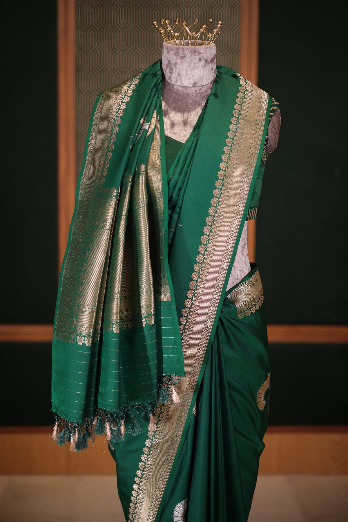 Emerald Green Raw Mango Silk Saree with Crescent Zari Butis and Floral Border