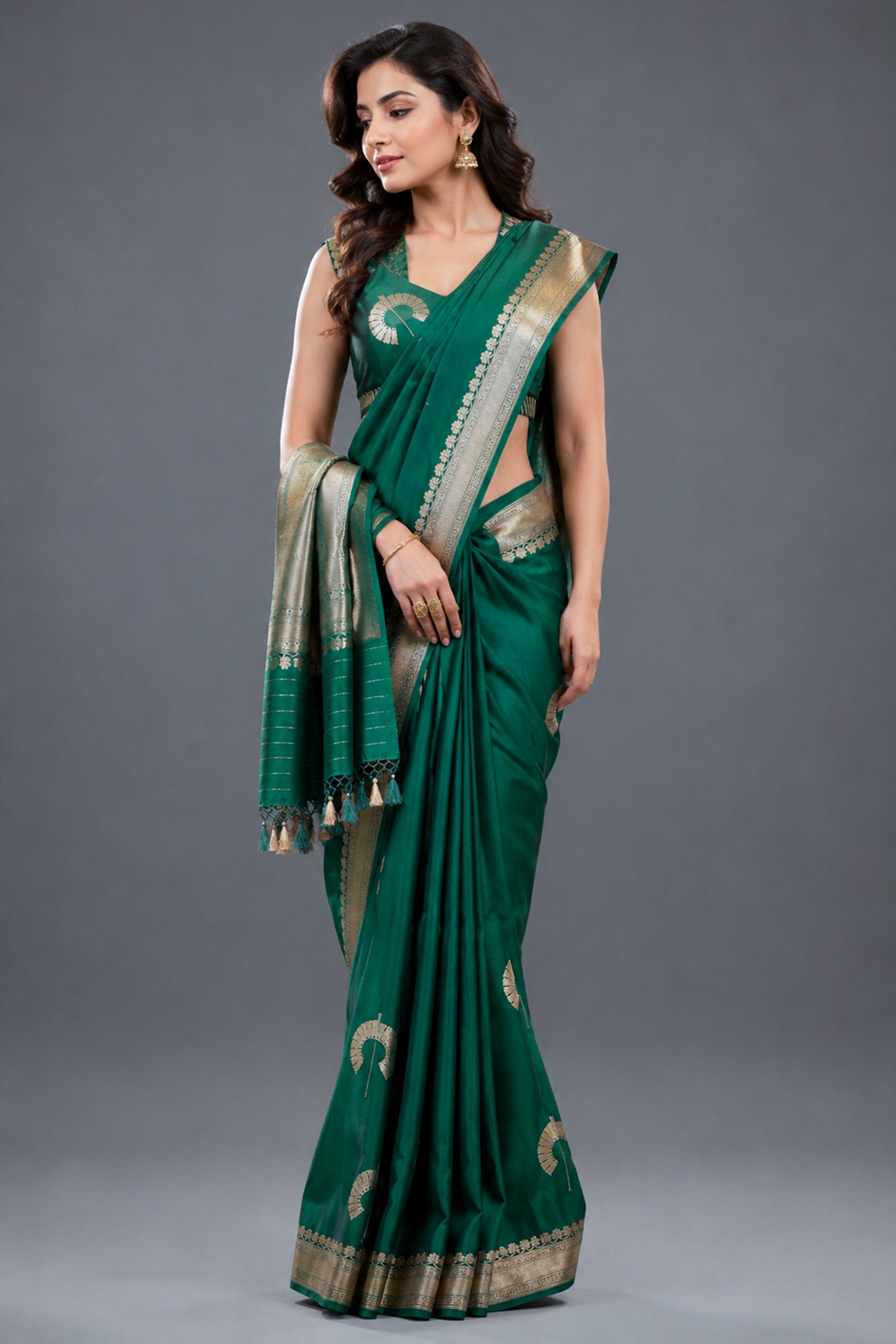Emerald Green Raw Mango Silk Saree with Crescent Zari Butis and Floral Border Main image