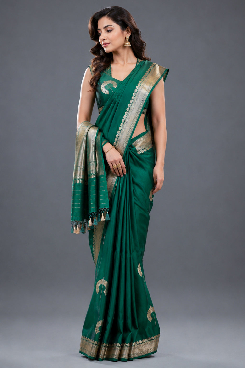 Emerald Green Raw Mango Silk Saree with Crescent Zari Butis and Floral Border