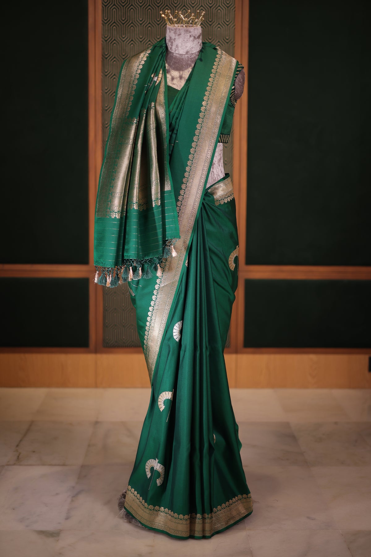 Emerald Green Raw Mango Silk Saree with Crescent Zari Butis and Floral Border