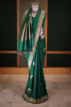 Emerald Green Raw Mango Silk Saree with Crescent Zari Butis and Floral Border