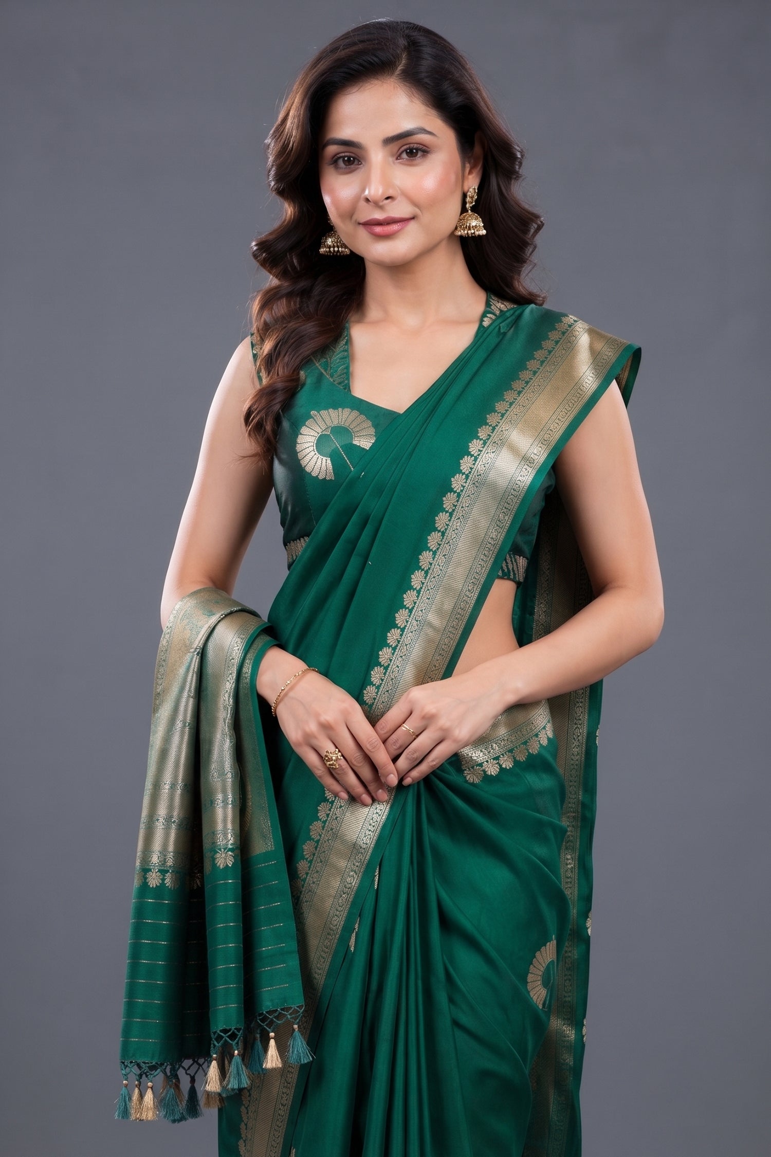 Emerald Green Raw Mango Silk Saree with Crescent Zari Butis and Floral Border Secondary image
