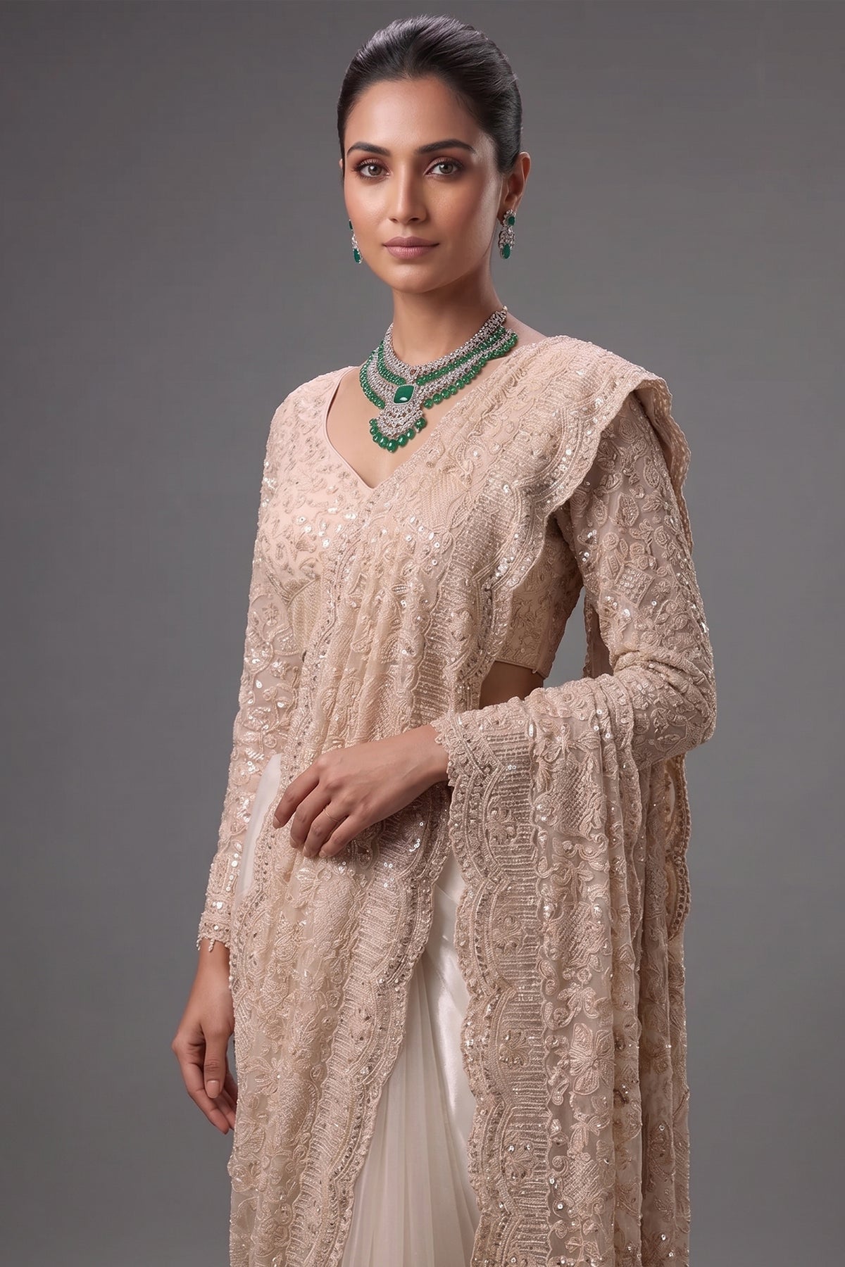 Ivory White Net Saree with Heavy Sequins Embroidery and Stitched Full-Sleeve Blouse