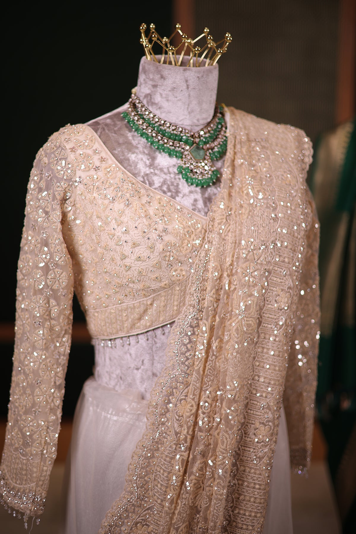 Ivory White Net Saree with Heavy Sequins Embroidery and Stitched Full-Sleeve Blouse