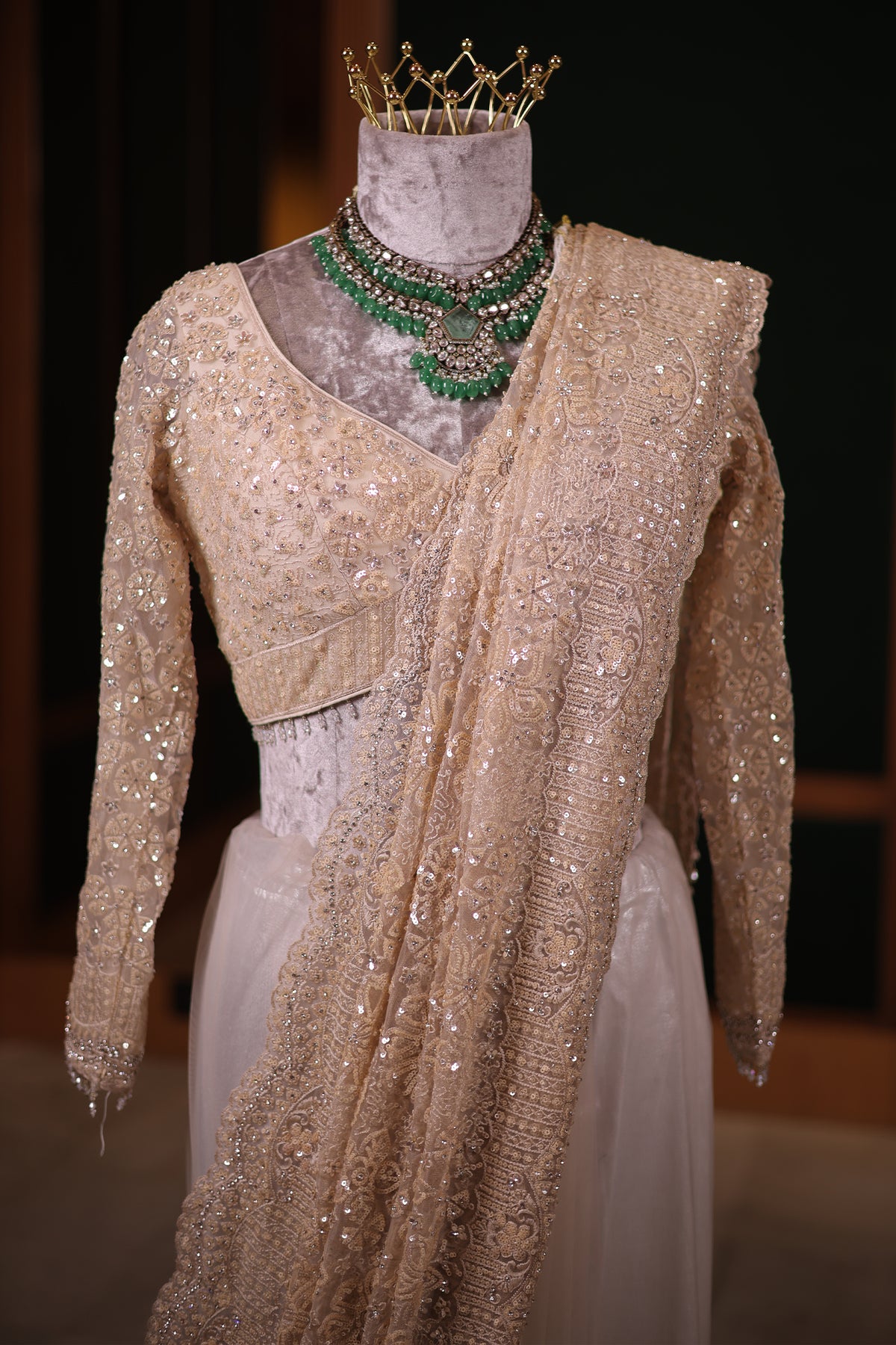 Ivory White Net Saree with Heavy Sequins Embroidery and Stitched Full-Sleeve Blouse