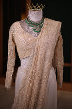 Ivory White Net Saree with Heavy Sequins Embroidery and Stitched Full-Sleeve Blouse