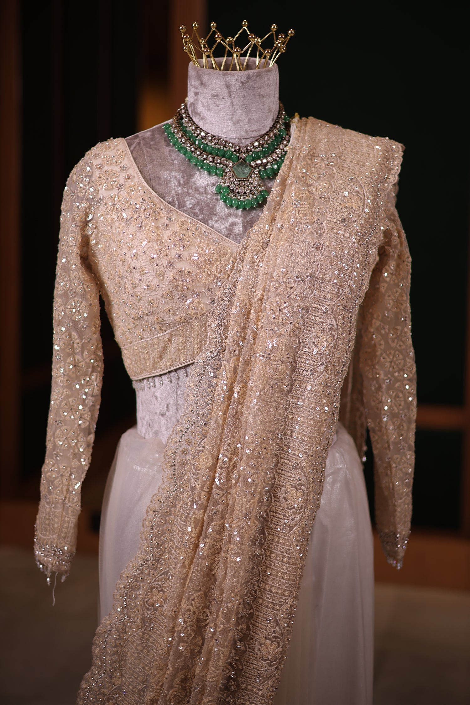 Ivory White Net Saree with Heavy Sequins Embroidery and Stitched Full-Sleeve Blouse