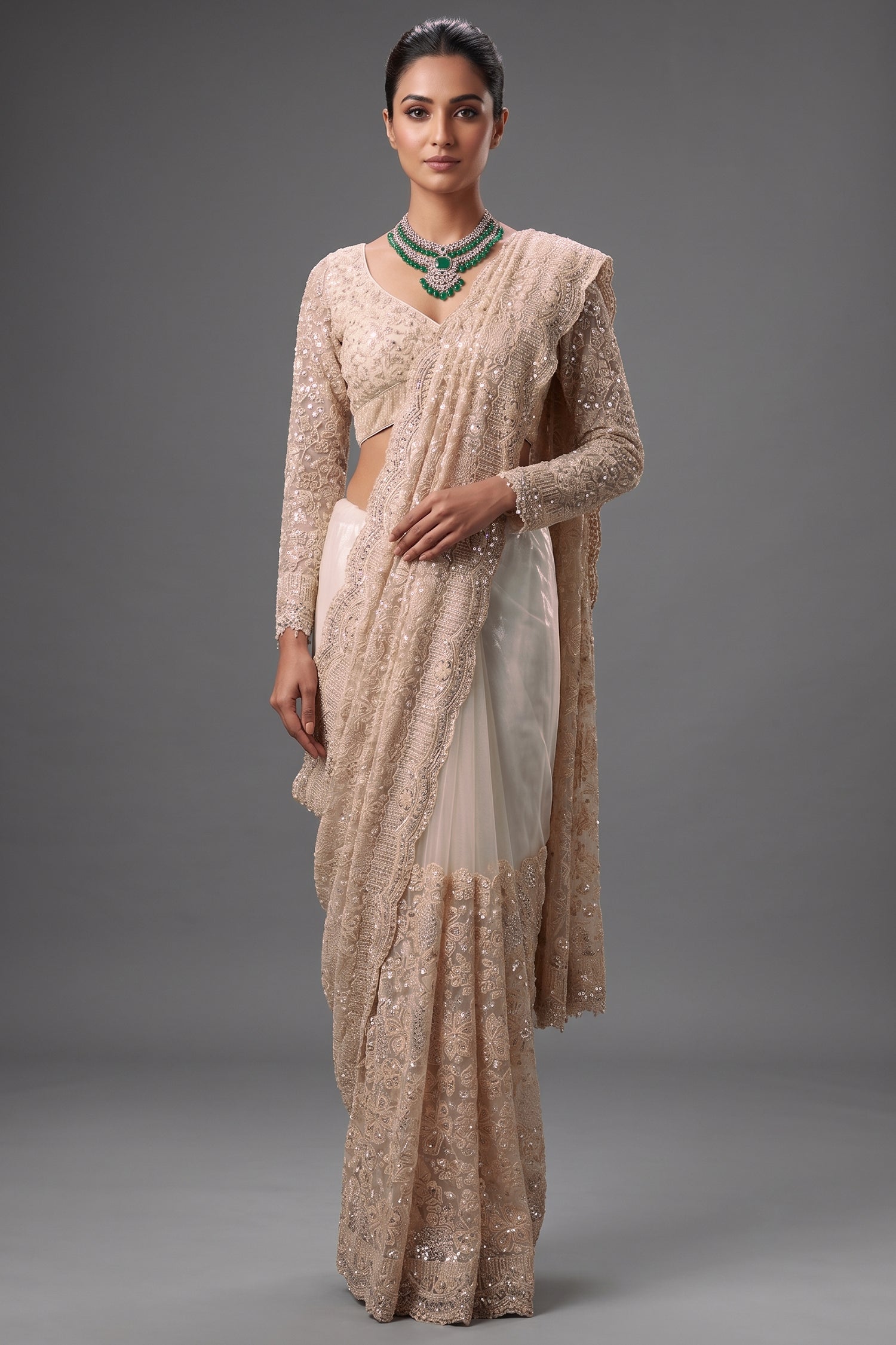 Ivory White Net Saree with Heavy Sequins Embroidery and Stitched Full-Sleeve Blouse Main image
