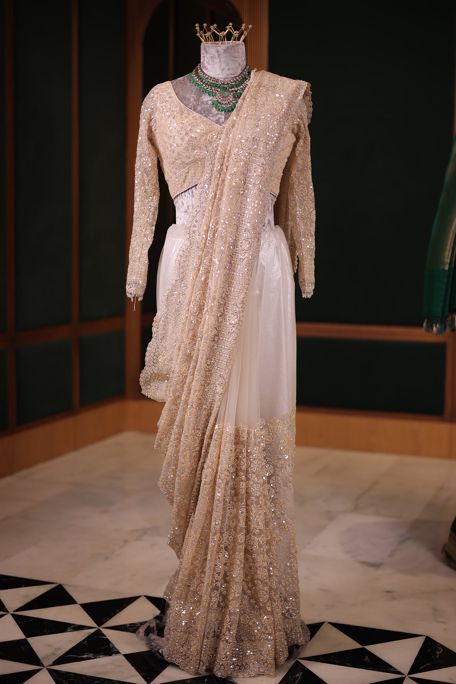 Ivory White Net Saree with Heavy Sequins Embroidery and Stitched Full-Sleeve Blouse Secondary image