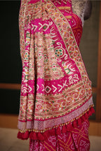 Hot Pink Georgette Bandhani Saree Featuring Beads Zardosi Border with Tassel Detailing