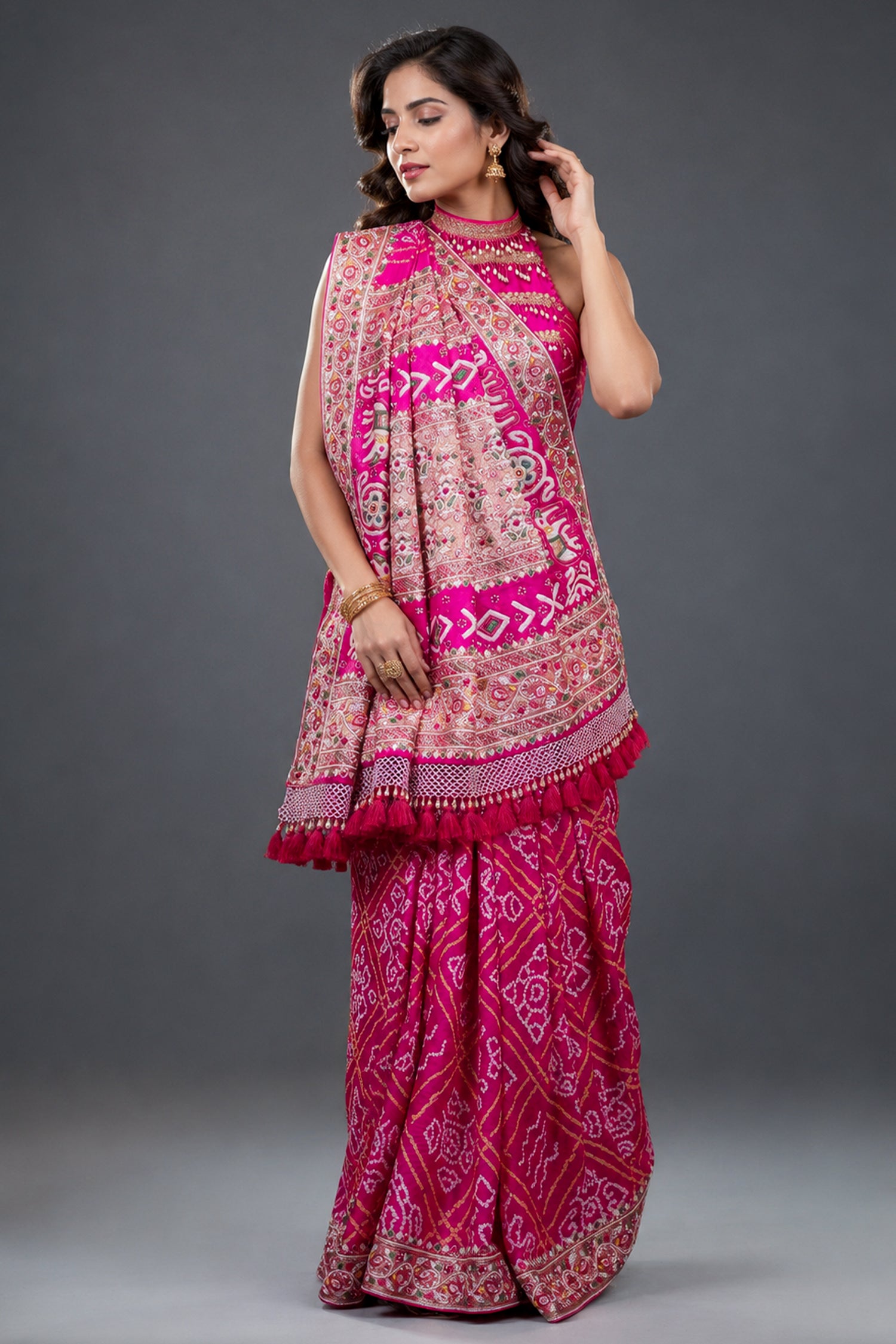Hot Pink Georgette Bandhani Saree Featuring Beads Zardosi Border with Tassel Detailing Main image